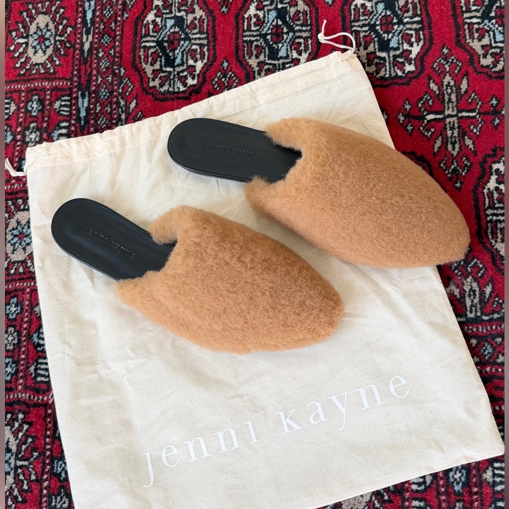 NEW Jenni Kayne Shearling Mule Slip On Flat Shoes Brown Black Leather Slides - Picture 9 of 9